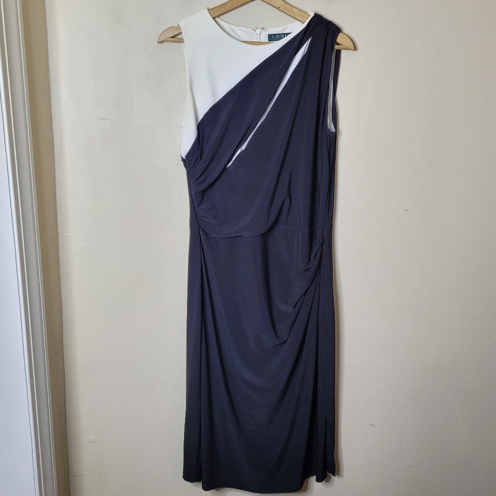Lauren Ralph Lauren Black & White Draped Cocktail Dress Size 14 - Picture 2 of 5